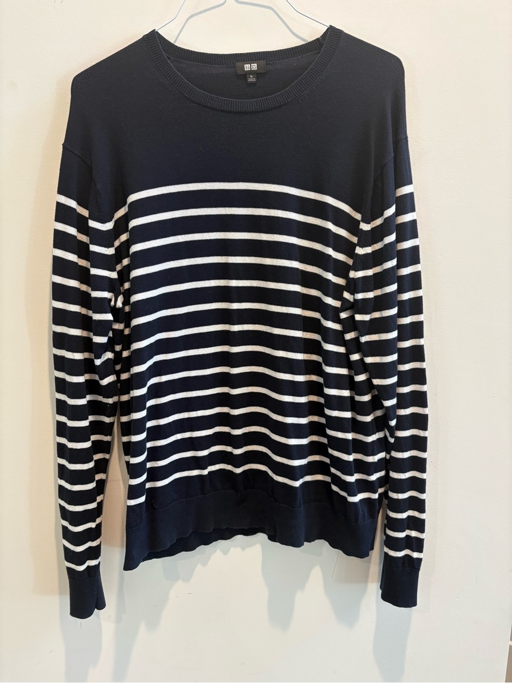 Uniqlo Navy and White Striped Crewneck Sweater